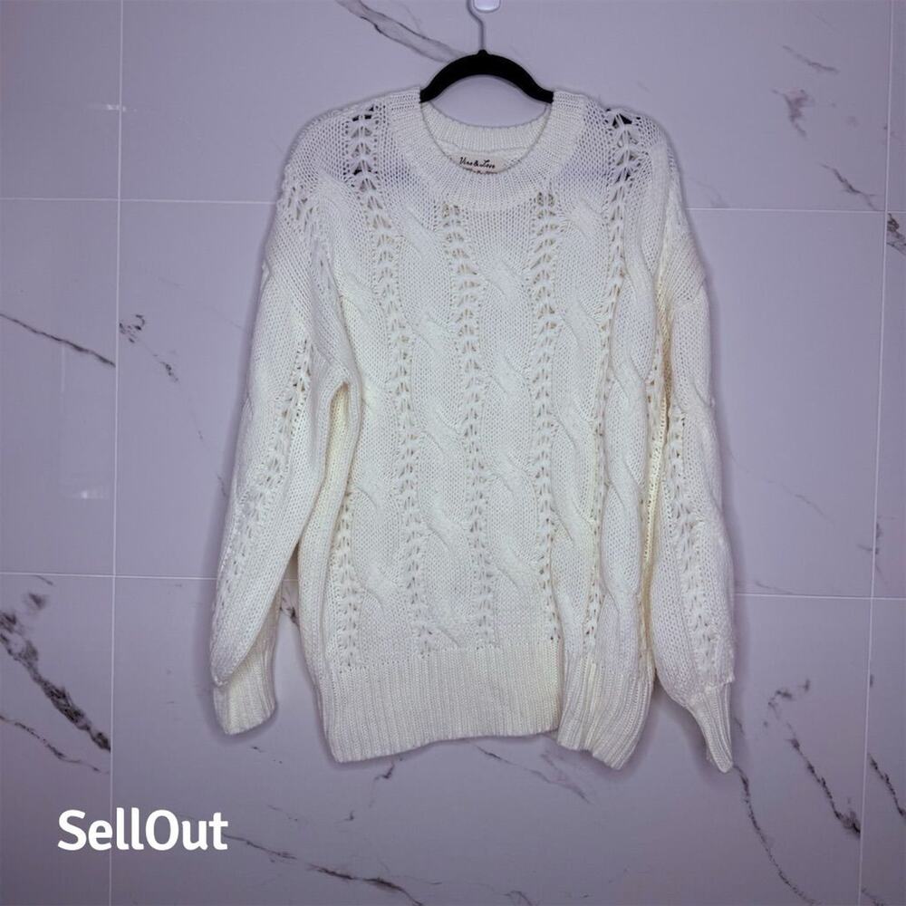 Vine & Love Sweater Women's Sz M White Cable Knit Pullover Chunky Neutral Cozy